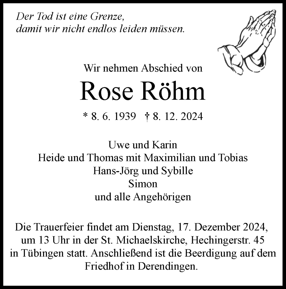  Traueranzeige für Rose Röhm vom 13.12.2024 aus Schwäbische Tagblatt