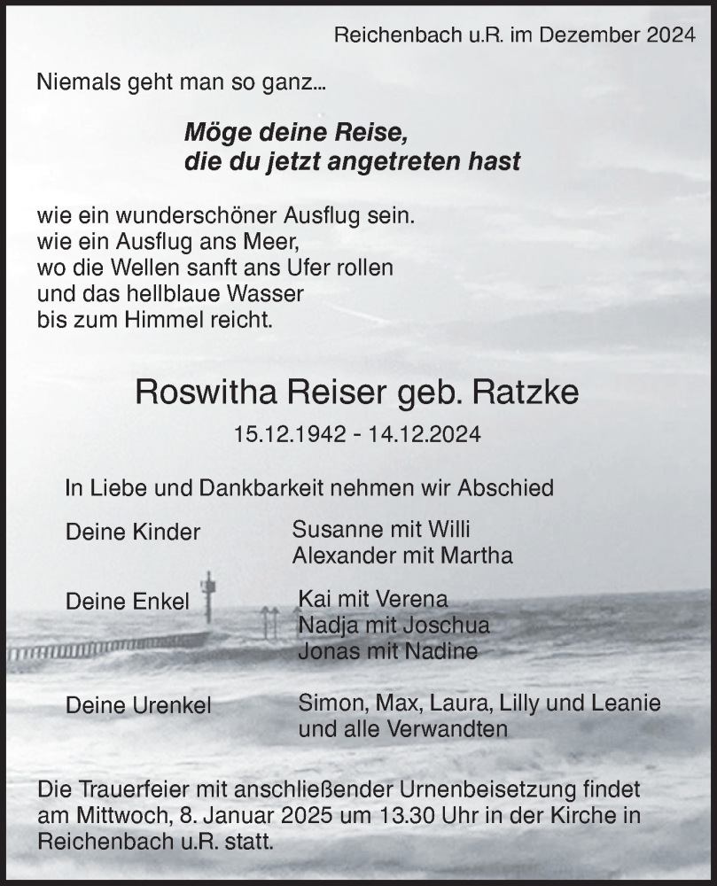  Traueranzeige für Roswitha Reiser vom 30.12.2024 aus NWZ Neue Württembergische Zeitung