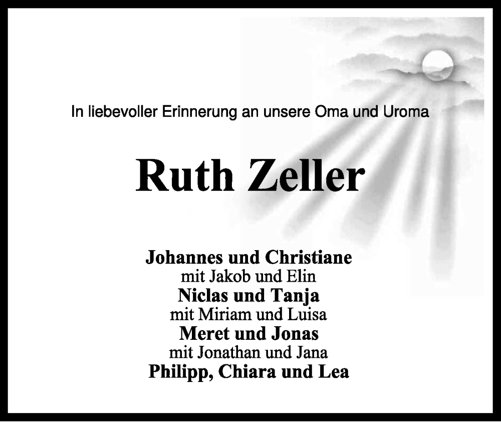  Traueranzeige für Ruth Zeller vom 14.12.2024 aus NWZ Neue Württembergische Zeitung