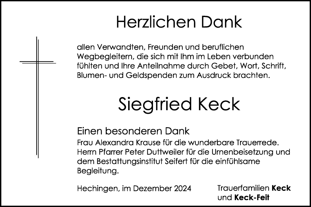  Traueranzeige für Siegfried Keck vom 17.12.2024 aus SÜDWEST PRESSE Zollernalbkreis/Hohenzollerische Zeitung