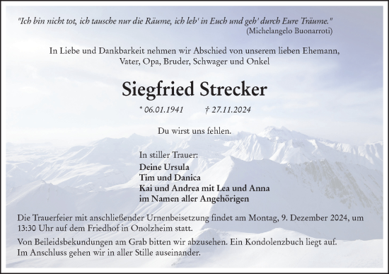 Traueranzeige von Siegfried Strecker von Hohenloher Tagblatt