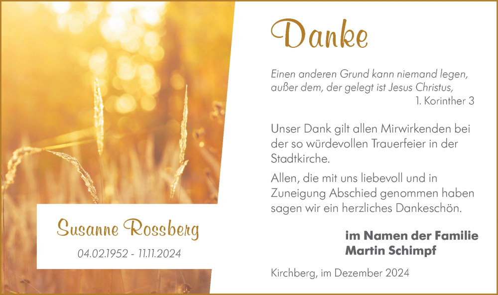  Traueranzeige für Susanne Rossberg vom 24.12.2024 aus Hohenloher Tagblatt