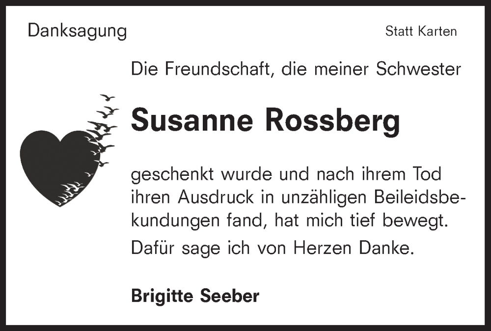  Traueranzeige für Susanne Rossberg vom 13.12.2024 aus Hohenloher Tagblatt