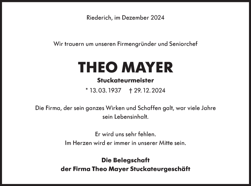  Traueranzeige für Theo Mayer vom 31.12.2024 aus Alb-Bote/Metzinger-Uracher Volksblatt