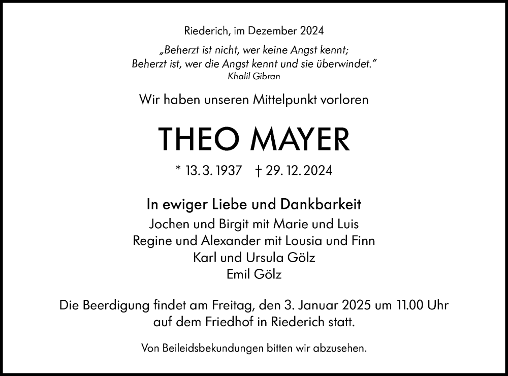  Traueranzeige für Theo Mayer vom 31.12.2024 aus Alb-Bote/Metzinger-Uracher Volksblatt
