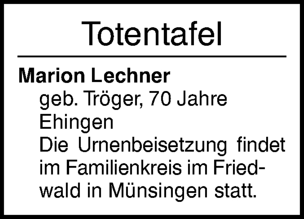  Traueranzeige für Totentafel vom 14.12.2024 vom 14.12.2024 aus Ehinger Tagblatt