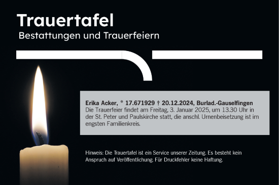 Traueranzeige von Totentafel vom 30.12.2024 von SÜDWEST PRESSE Zollernalbkreis/Hohenzollerische Zeitung