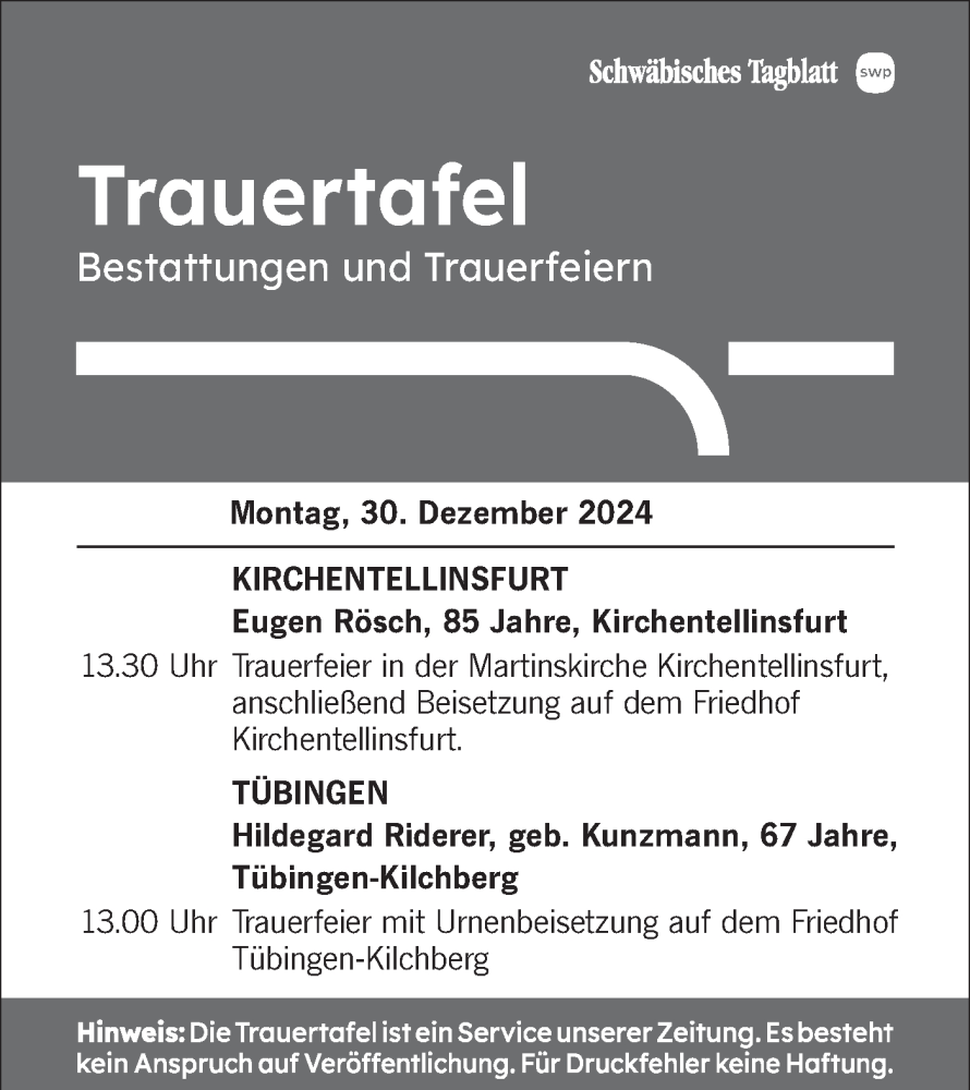  Traueranzeige für Totentafel vom 30.12.2024 vom 30.12.2024 aus Schwäbische Tagblatt