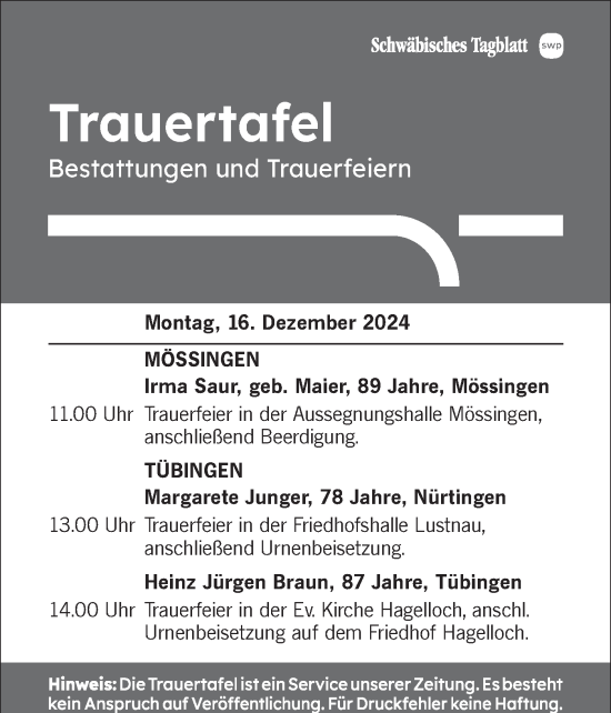 Traueranzeige von Trauertafel  von Schwäbische Tagblatt