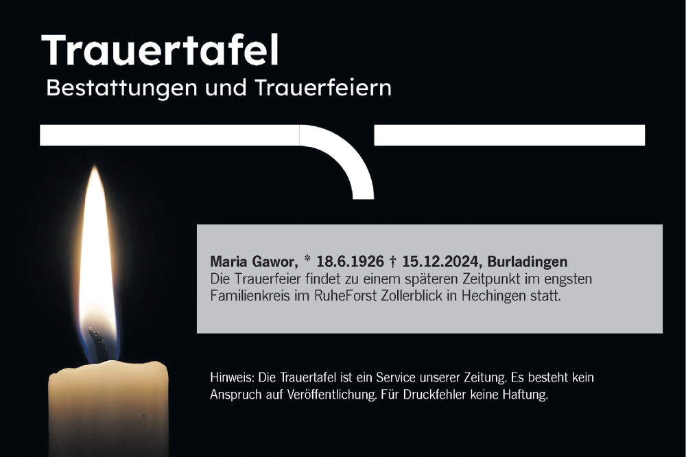  Traueranzeige für Trauertafel vom 21.12.2024 vom 21.12.2024 aus SÜDWEST PRESSE Zollernalbkreis/Hohenzollerische Zeitung