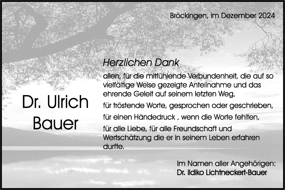  Traueranzeige für Ulrich Bauer vom 14.12.2024 aus Rundschau Gaildorf
