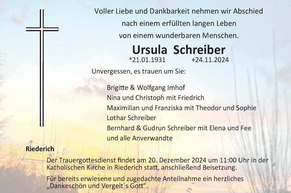  Traueranzeige für Ursula Schreiber vom 14.12.2024 aus Alb-Bote/Metzinger-Uracher Volksblatt