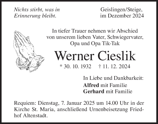 Traueranzeige von Werner Cieslik von Geislinger Zeitung