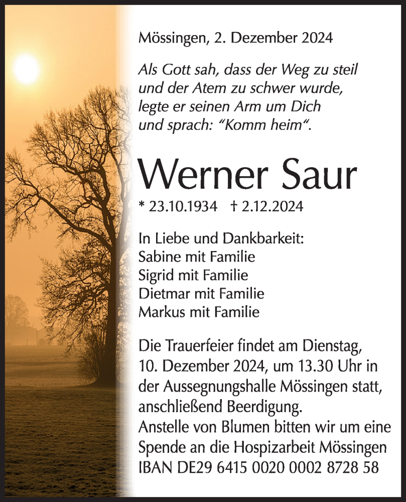  Traueranzeige für Werner Saur vom 05.12.2024 aus Schwäbische Tagblatt