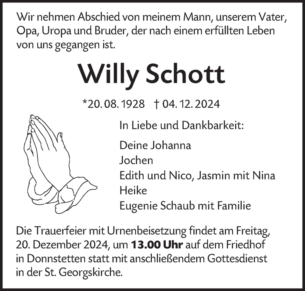  Traueranzeige für Willy Schott vom 16.12.2024 aus Alb-Bote/Metzinger-Uracher Volksblatt