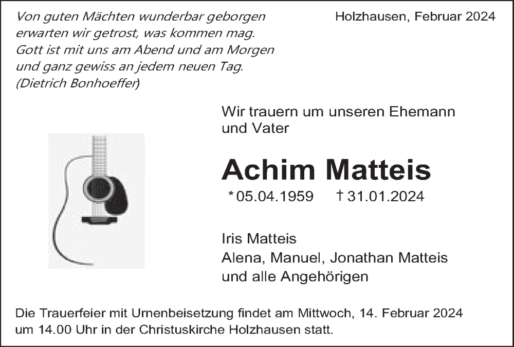  Traueranzeige für Achim Matteis vom 10.02.2024 aus NWZ Neue Württembergische Zeitung