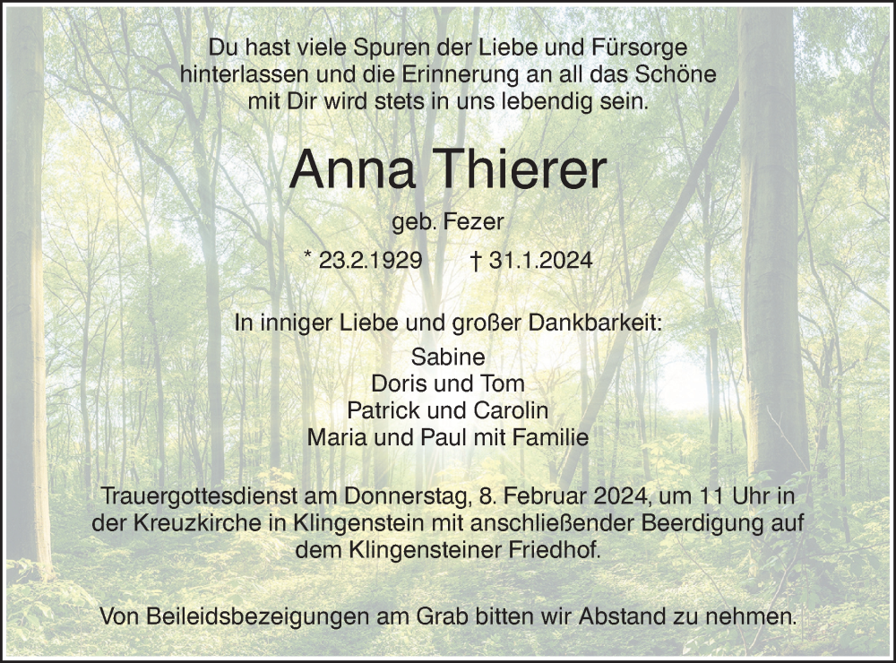  Traueranzeige für Anna Thierer vom 03.02.2024 aus SÜDWEST PRESSE Ausgabe Ulm/Neu-Ulm