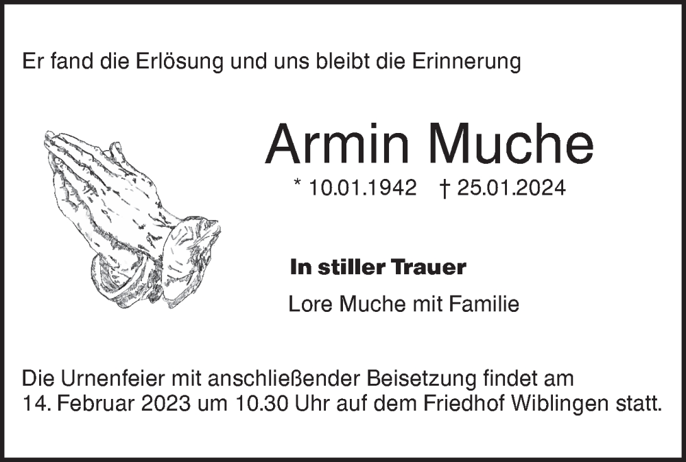  Traueranzeige für Armin Muche vom 10.02.2024 aus SÜDWEST PRESSE Ausgabe Ulm/Neu-Ulm