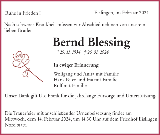 Traueranzeige von Bernd Blessing von NWZ Neue Württembergische Zeitung