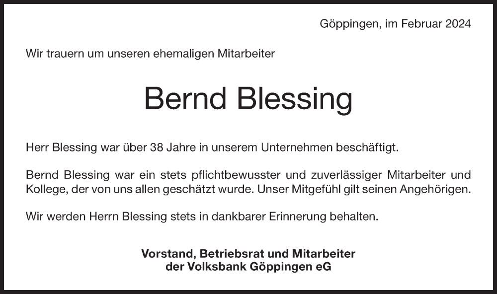  Traueranzeige für Bernd Blessing vom 09.02.2024 aus NWZ Neue Württembergische Zeitung