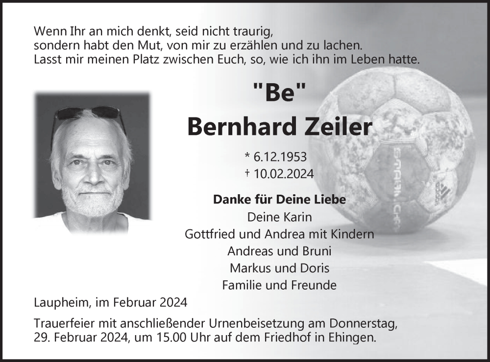  Traueranzeige für Bernhard Zeiler vom 24.02.2024 aus Ehinger Tagblatt