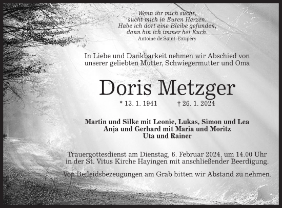 Traueranzeige von Doris Metzger von Alb-Bote/Metzinger-Uracher Volksblatt