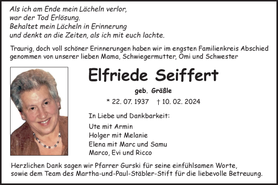 Traueranzeige von Elfriede Seiffert von Alb-Bote/Metzinger-Uracher Volksblatt