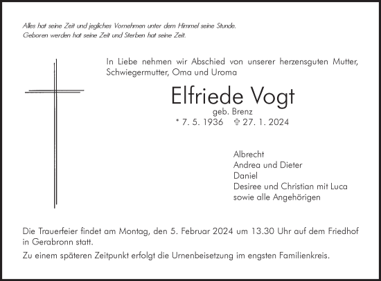 Traueranzeige von Elfriede Vogt von Hohenloher Tagblatt