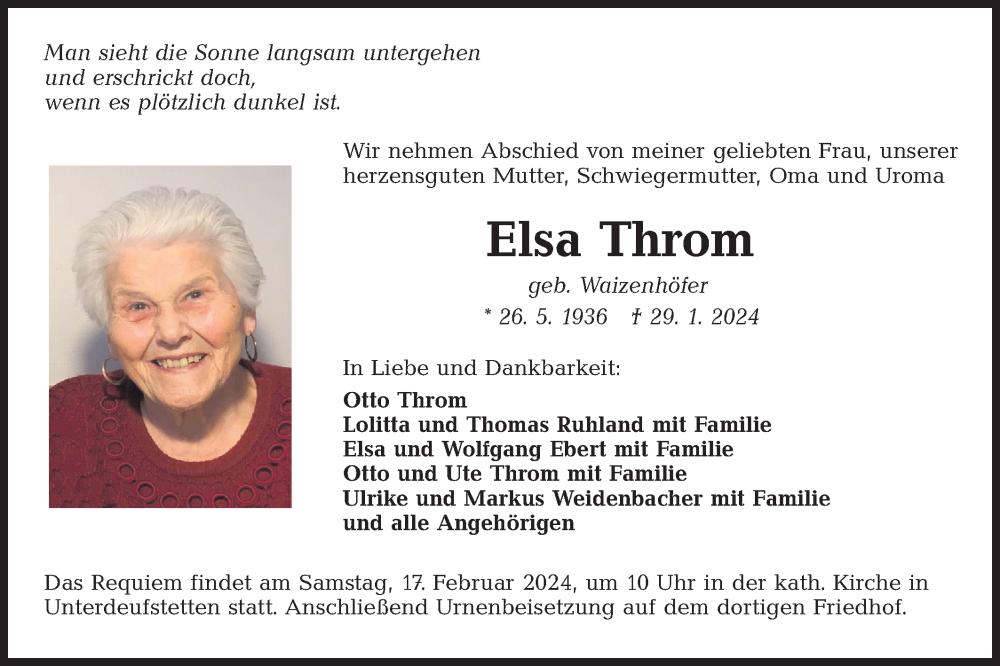  Traueranzeige für Elsa Throm vom 15.02.2024 aus Hohenloher Tagblatt