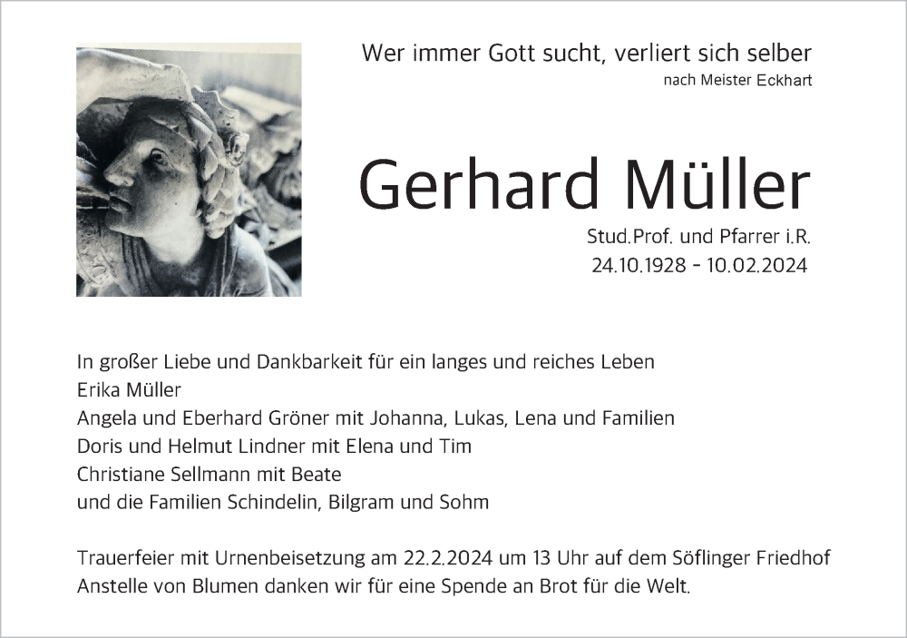  Traueranzeige für Gerhard Müller vom 17.02.2024 aus SÜDWEST PRESSE Ausgabe Ulm/Neu-Ulm