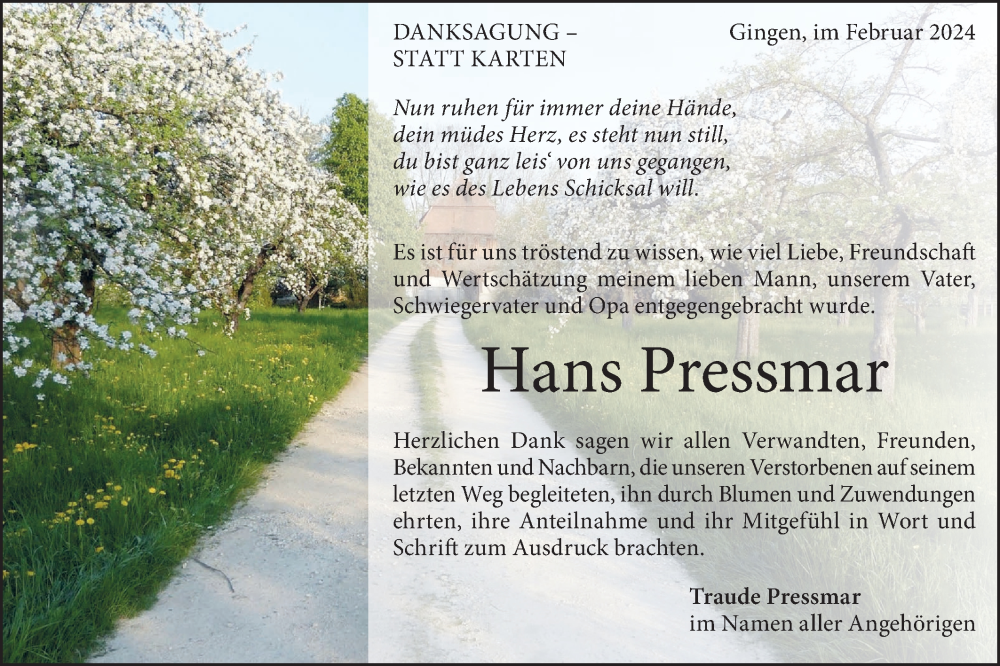  Traueranzeige für Hans Pressmar vom 24.02.2024 aus Geislinger Zeitung