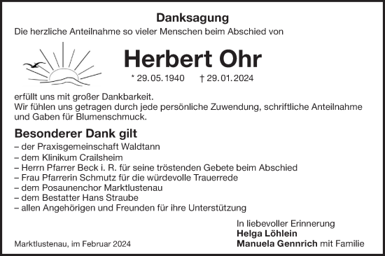 Traueranzeige von Herbert Ohr von Hohenloher Tagblatt