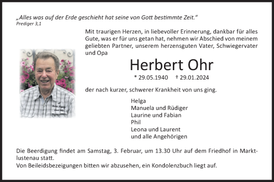 Traueranzeige von Herbert Ohr von Hohenloher Tagblatt