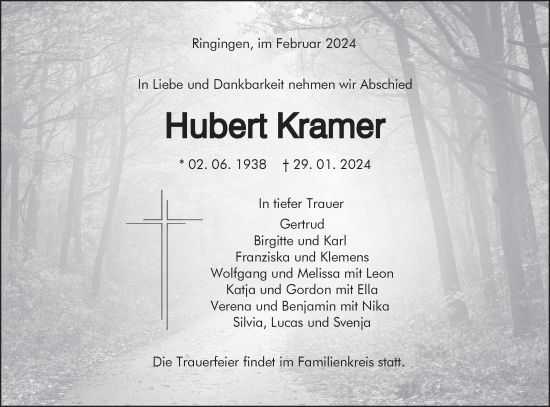 Traueranzeige von Hubert Kramer von Hohenzollerische Zeitung