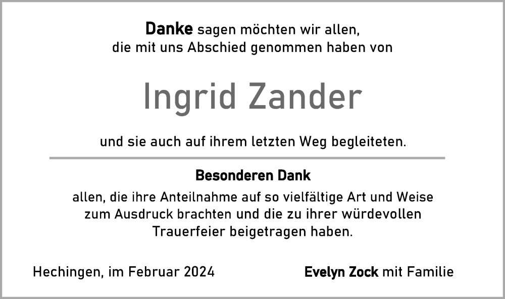  Traueranzeige für Ingrid Zander vom 17.02.2024 aus Hohenzollerische Zeitung