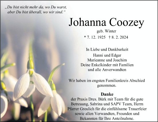 Traueranzeige von Johanna Coozey von Hohenzollerische Zeitung