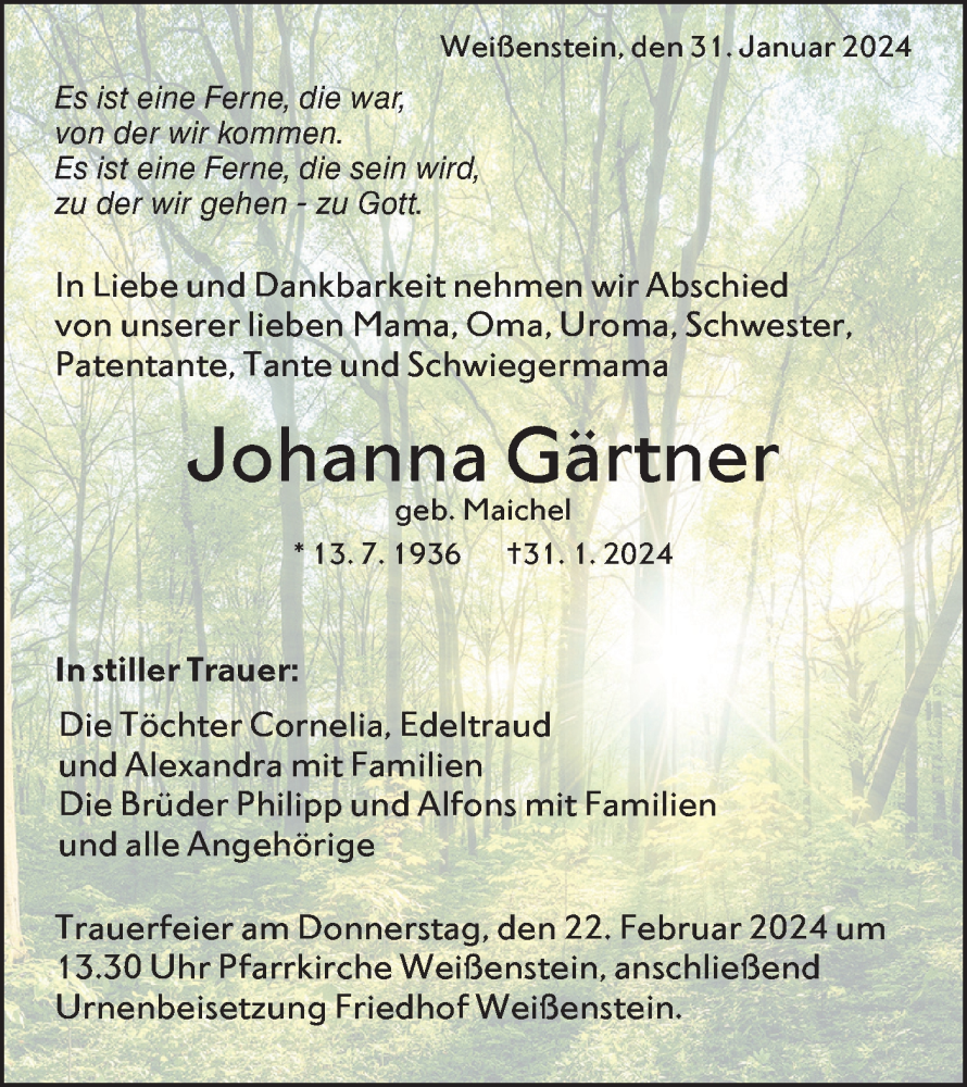  Traueranzeige für Johanna Gärtner vom 17.02.2024 aus NWZ Neue Württembergische Zeitung