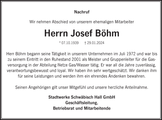 Traueranzeige von Josef Böhm von Haller Tagblatt