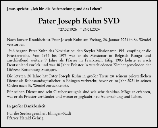 Traueranzeige von Joseph Kuhn von Ehinger Tagblatt