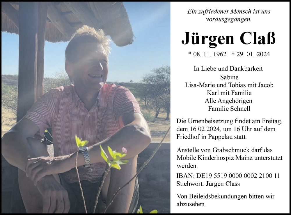  Traueranzeige für Jürgen Claß vom 10.02.2024 aus SÜDWEST PRESSE Ausgabe Ulm/Neu-Ulm