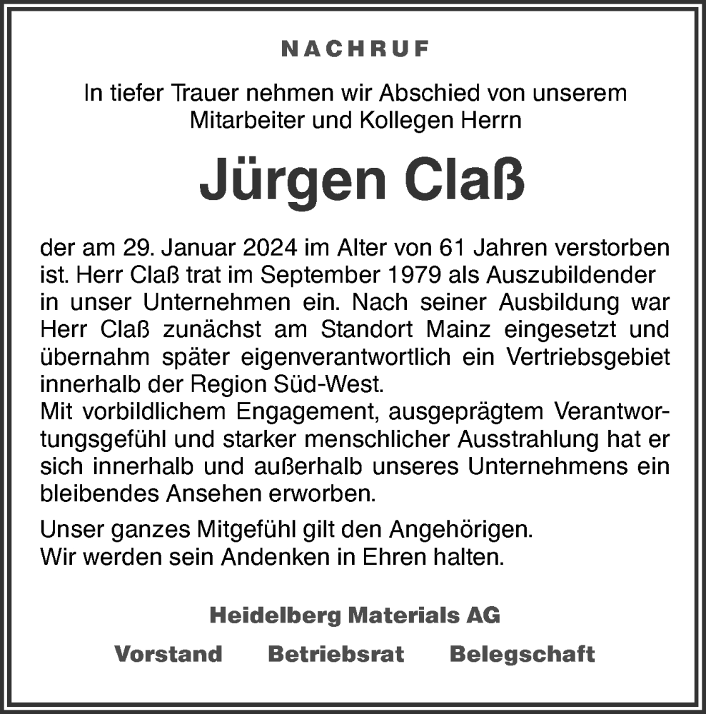  Traueranzeige für Jürgen Claß vom 10.02.2024 aus SÜDWEST PRESSE Ausgabe Ulm/Neu-Ulm