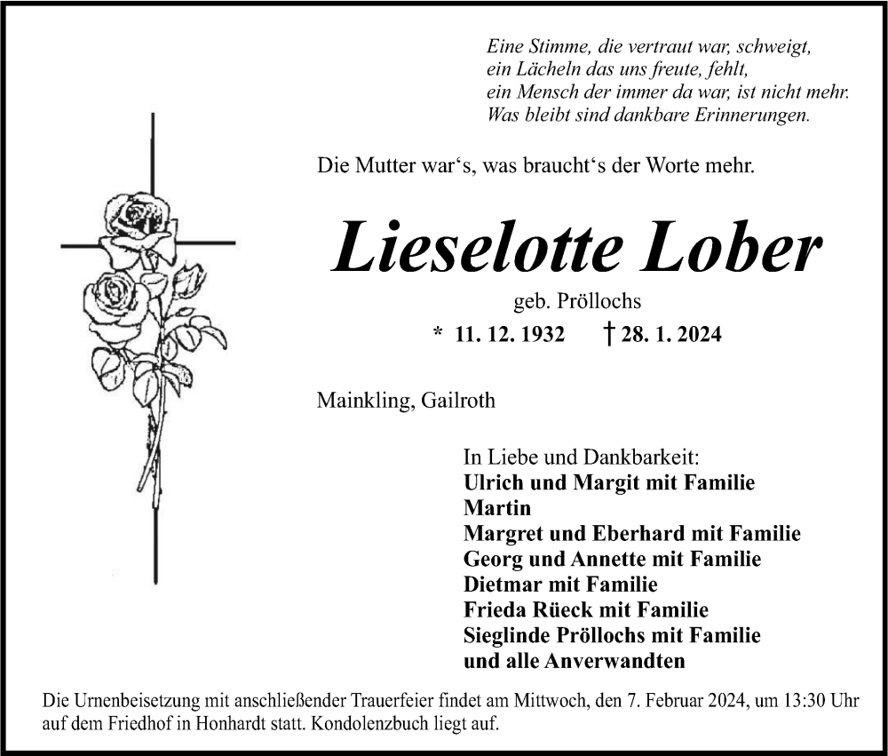  Traueranzeige für Lieselotte Lober vom 03.02.2024 aus Hohenloher Tagblatt