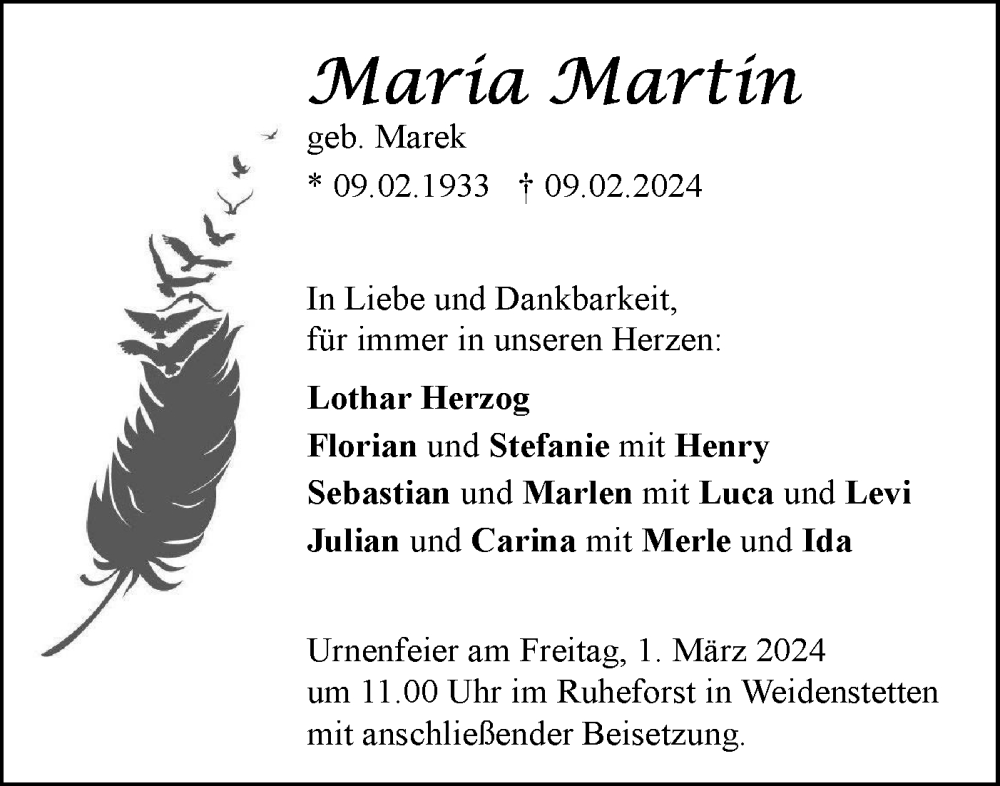  Traueranzeige für Maria Martin vom 24.02.2024 aus SÜDWEST PRESSE Ausgabe Ulm/Neu-Ulm