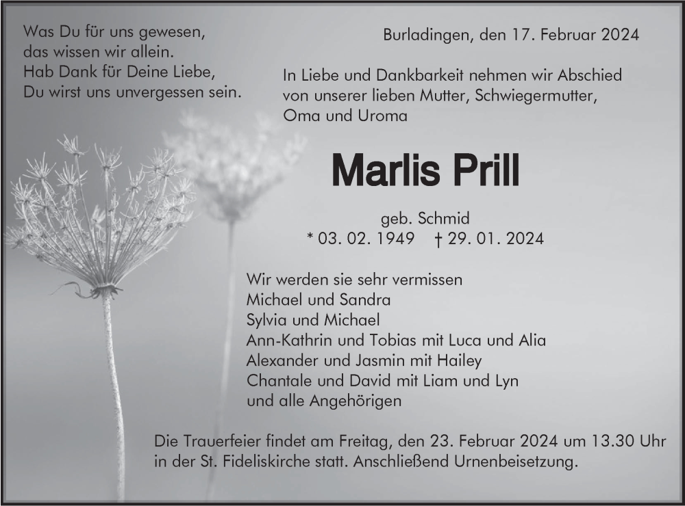  Traueranzeige für Marlis Prill vom 17.02.2024 aus Hohenzollerische Zeitung