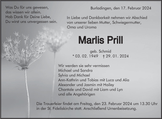 Traueranzeige von Marlis Prill von Hohenzollerische Zeitung