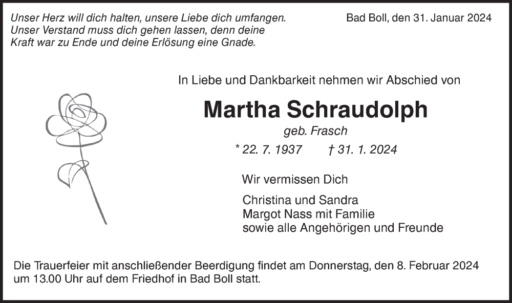  Traueranzeige für Martha Schraudolph vom 03.02.2024 aus NWZ Neue Württembergische Zeitung