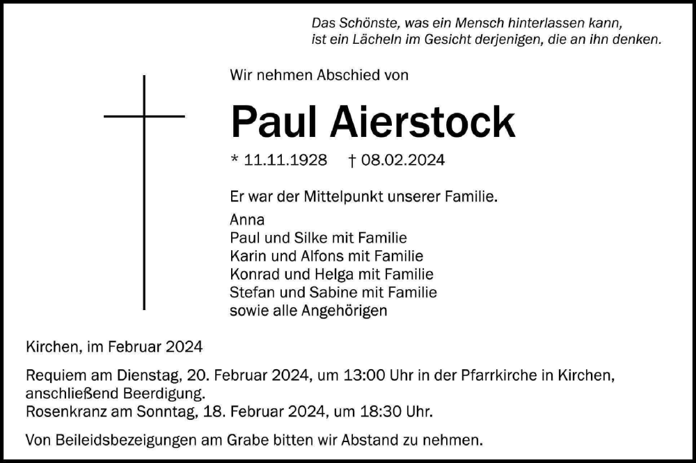  Traueranzeige für Paul Aierstock vom 16.02.2024 aus Ehinger Tagblatt