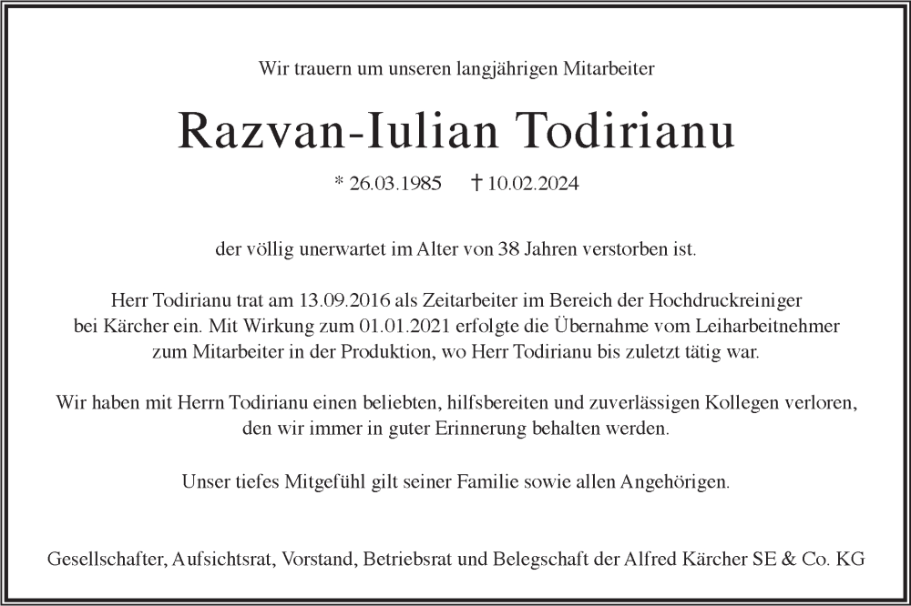  Traueranzeige für Razvan-Iulian Todirianu vom 21.02.2024 aus Rundschau Gaildorf