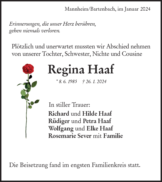 Traueranzeige von Regina Haaf von NWZ Neue Württembergische Zeitung