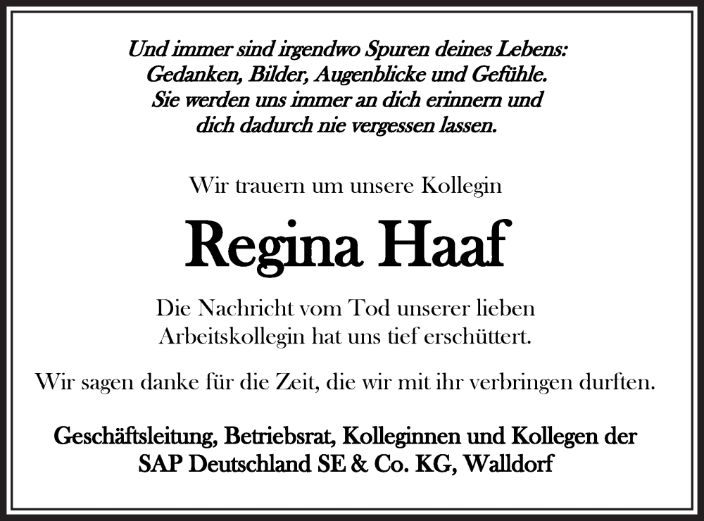  Traueranzeige für Regina Haaf vom 24.02.2024 aus NWZ Neue Württembergische Zeitung